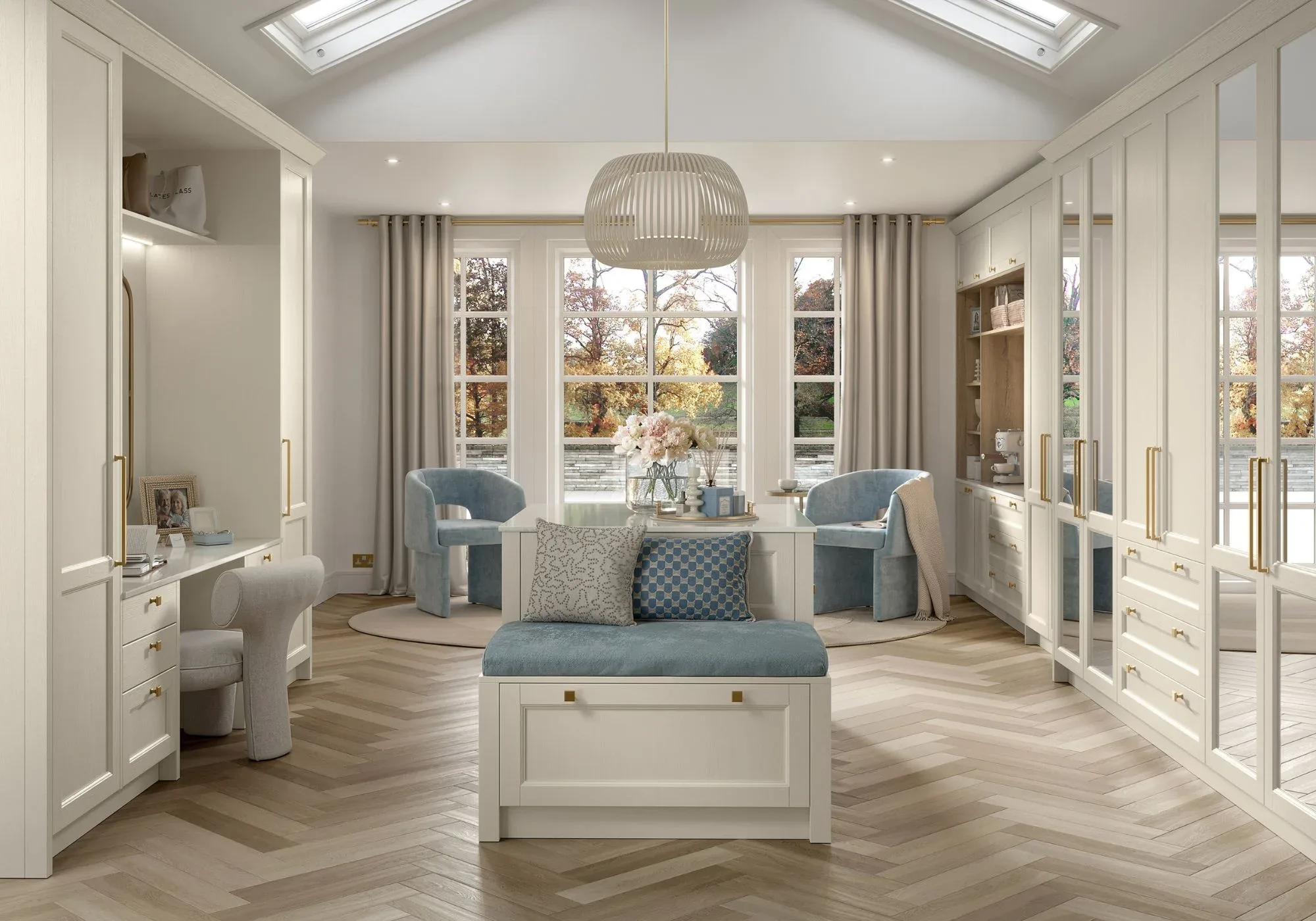 Bespoke cream bedroom suite with fitted wardrobes, window seat and dressing corner