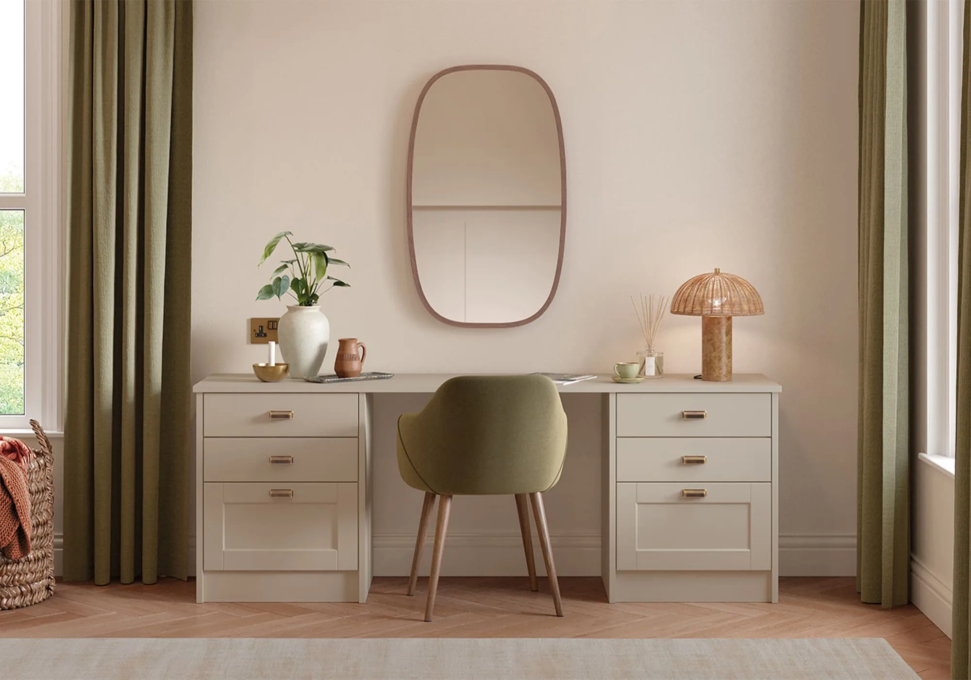 Bespoke cream dressing table with mirror and olive chair