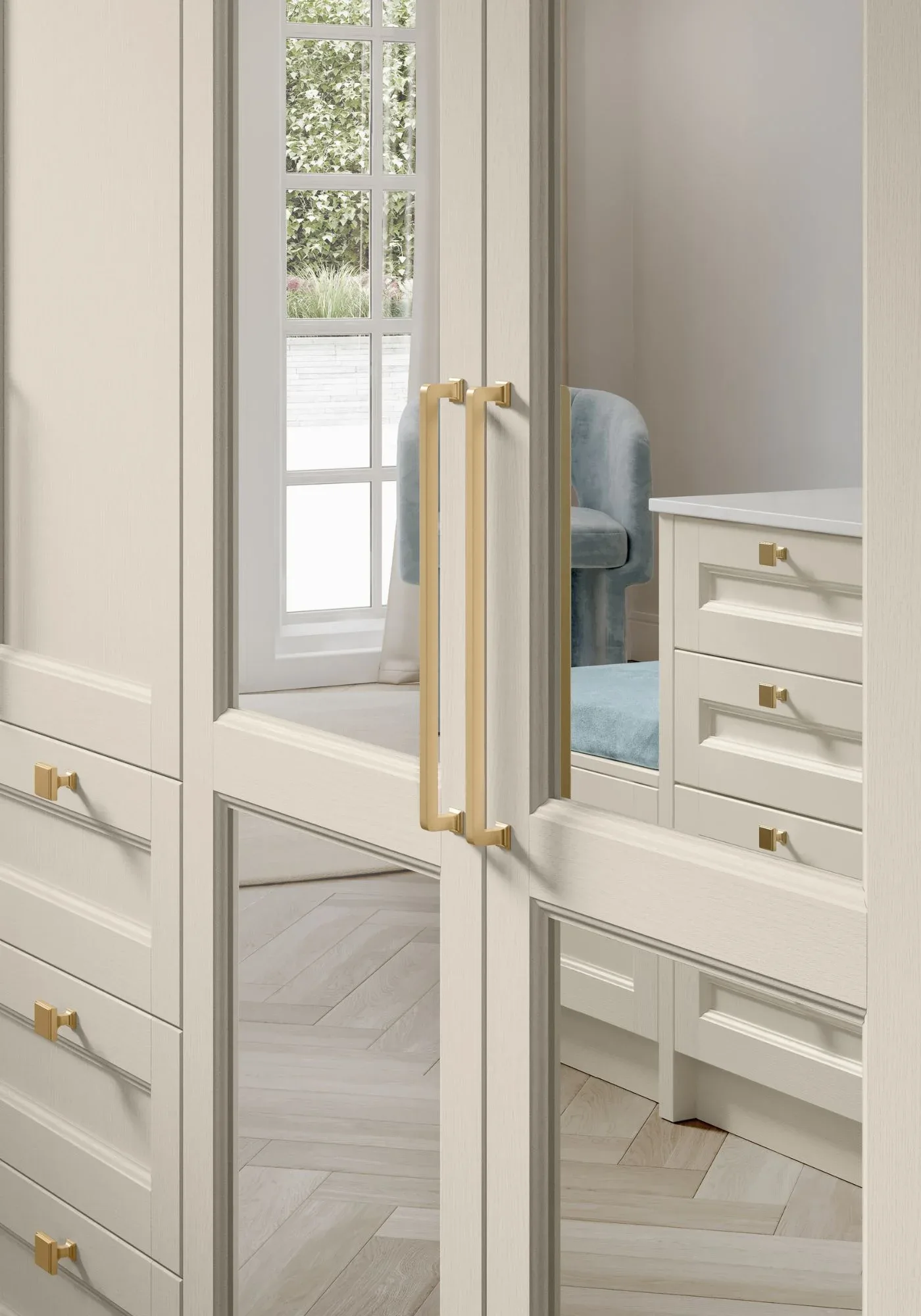Cream wardrobe doors with mirrored panels and brass handles