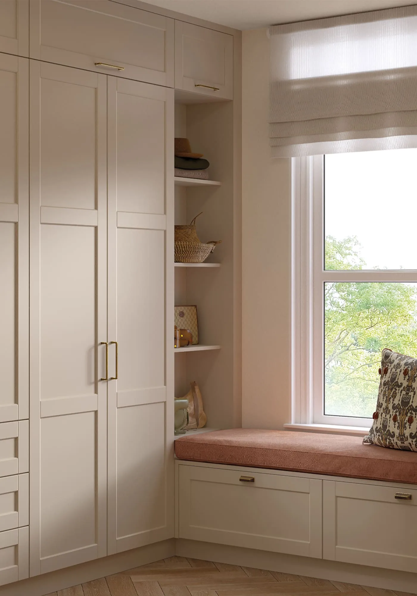 Fitted wardrobes wrapping a window seat