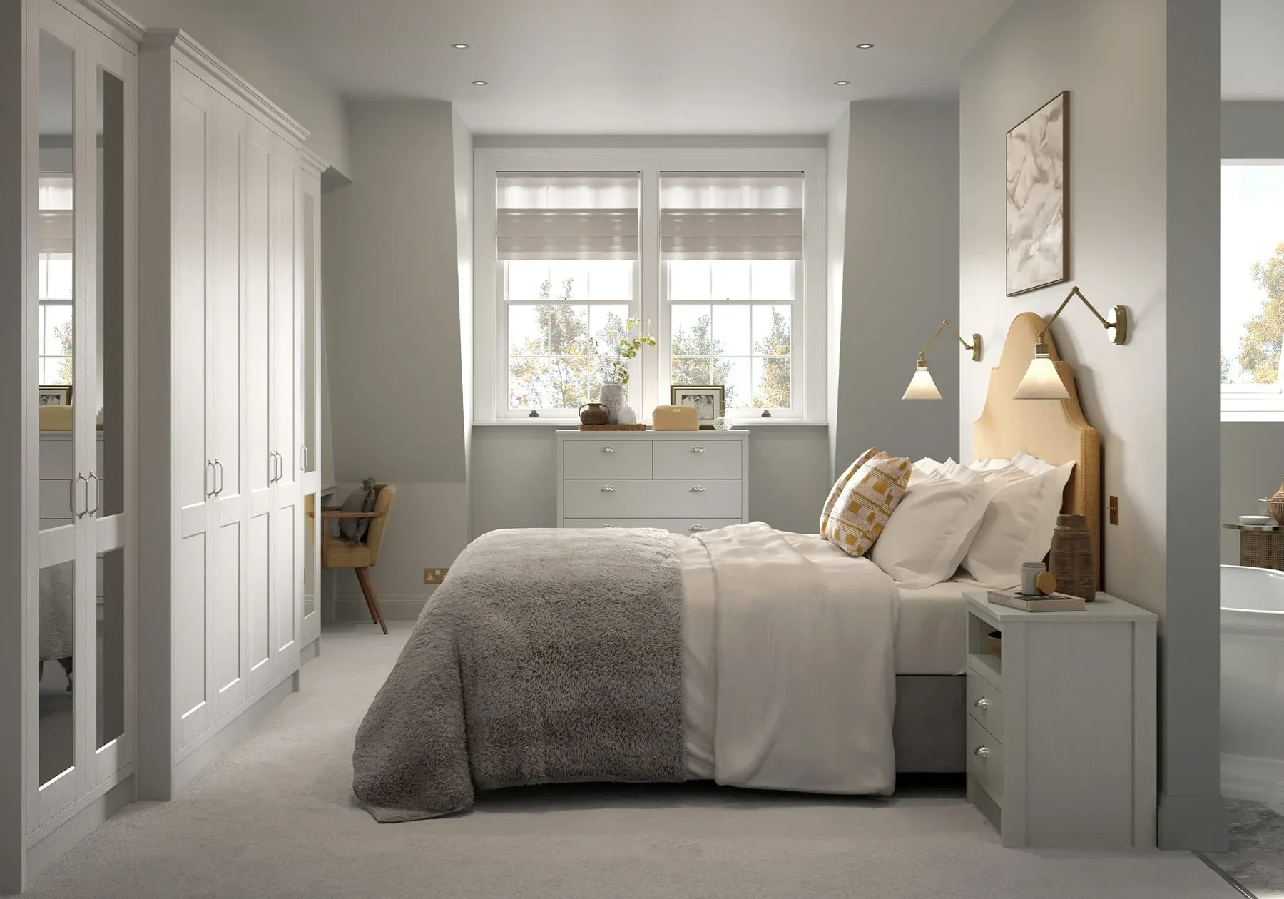Light grey bespoke bedroom with made-to-measure bedside tables and matching cabinetry