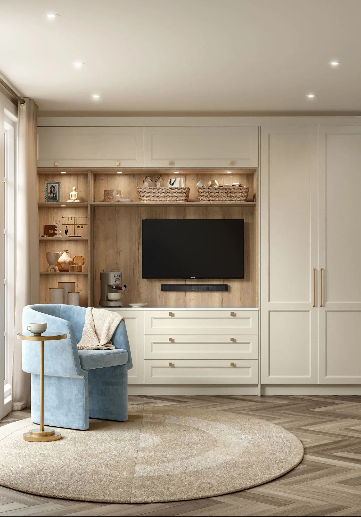 Media cabinet in oak and cream with television and shelving, render