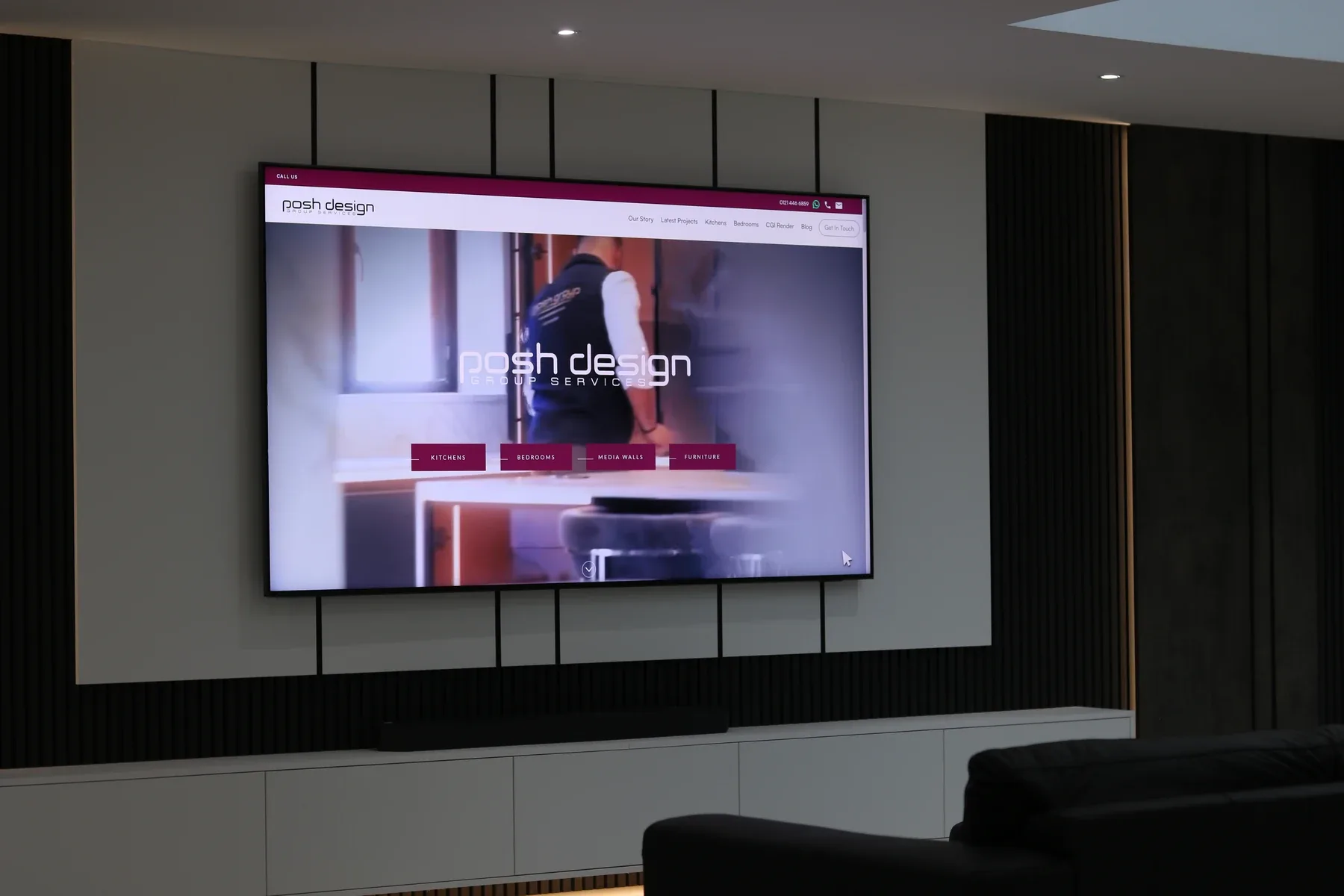 Media wall with television installed, real installation