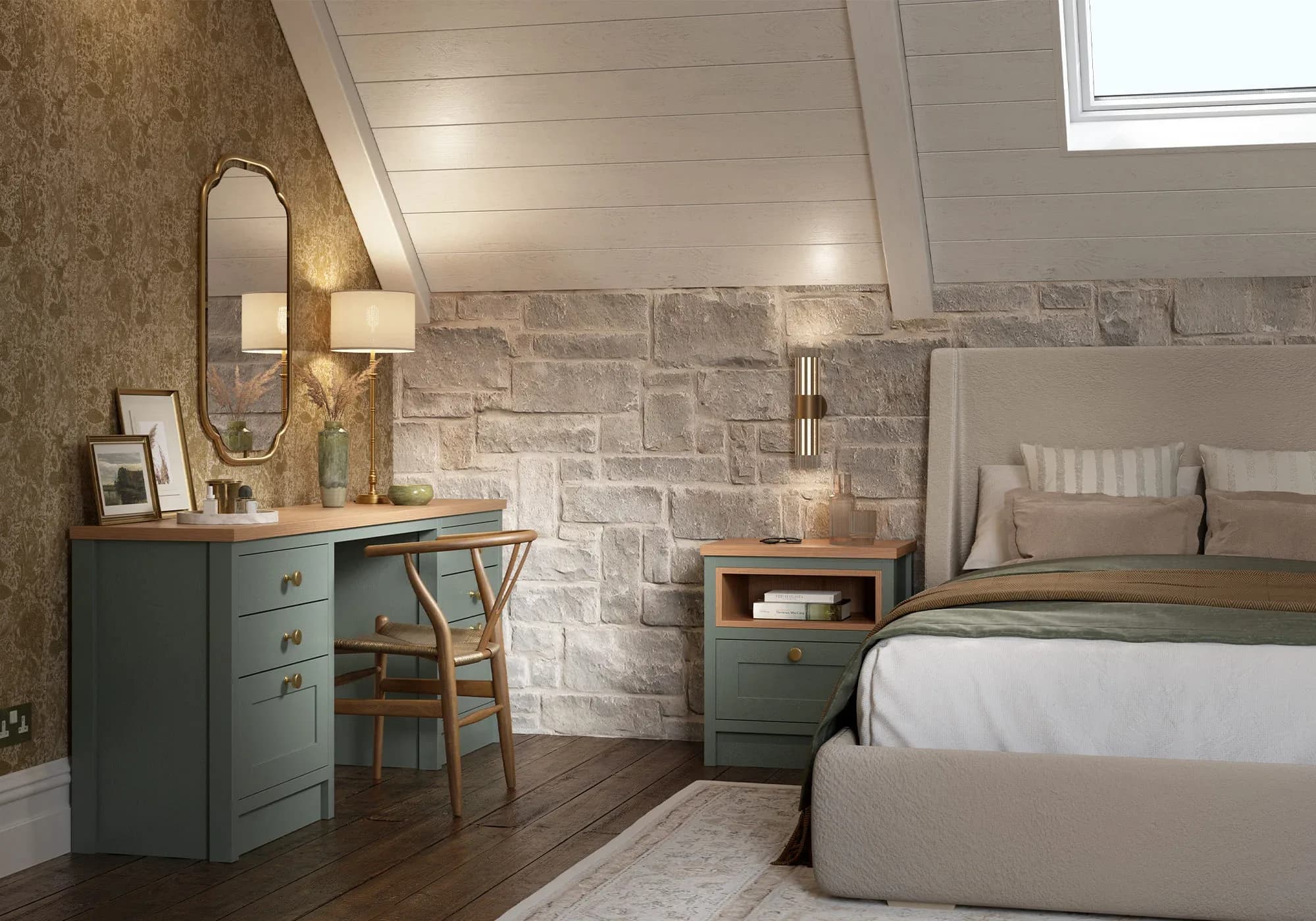 Sage bespoke bedroom with a fitted dressing desk and stone feature wall, photo-real render
