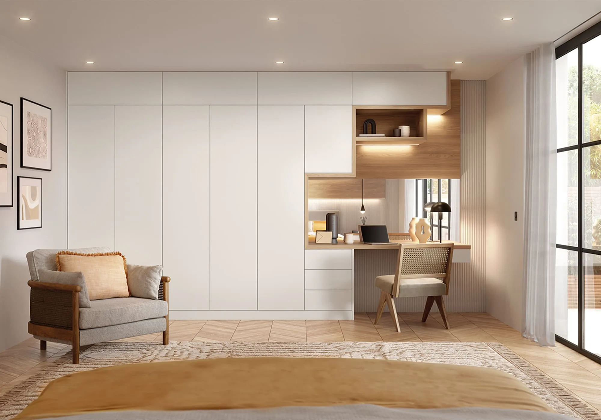 White oak fitted wall with integrated desk and display shelving, visualisation